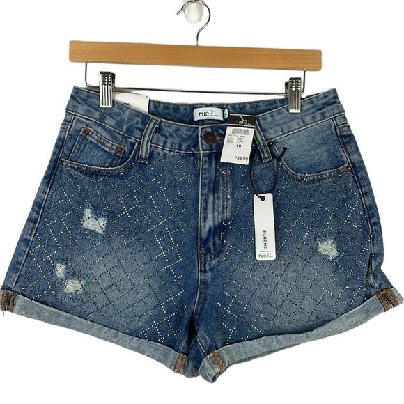 Rue21 Pants - NWT Rue 21 Women Shortie Denim Jean Shorts SZ 10 Jewels Distressed High Rise